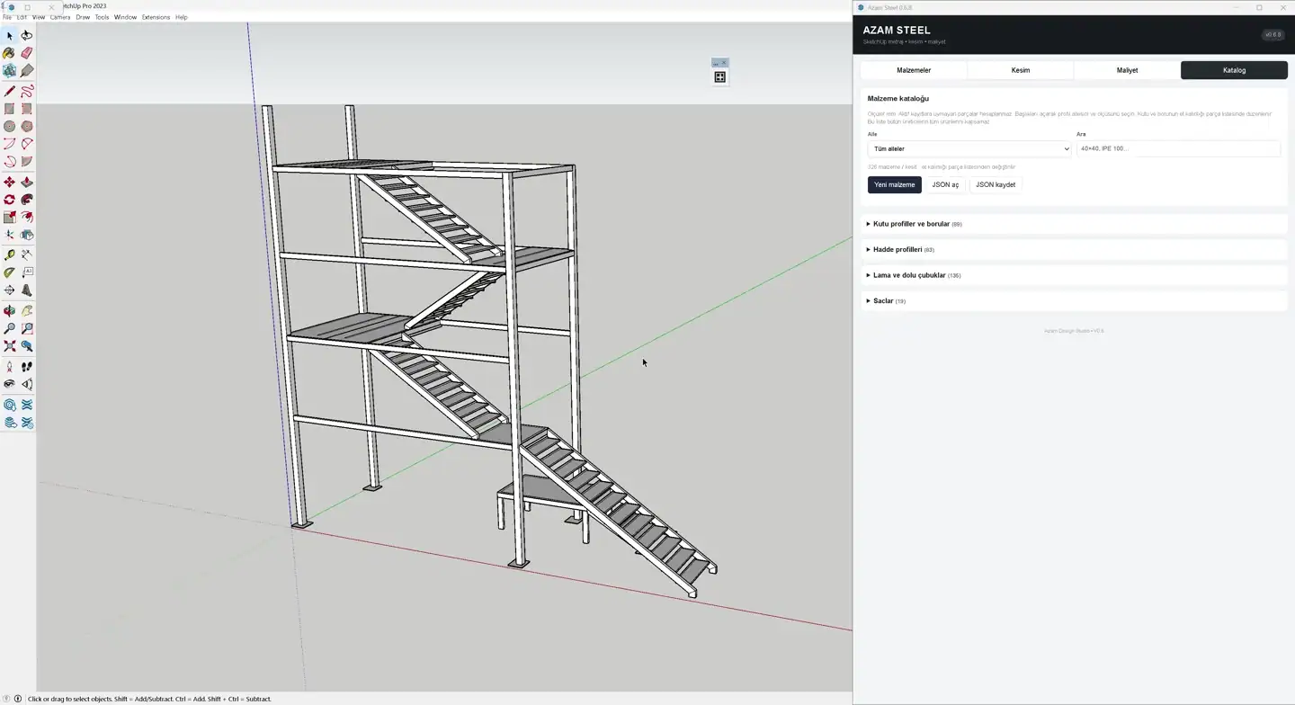 Azam Steel product walkthrough, showing real SketchUp screens from model analysis to production data