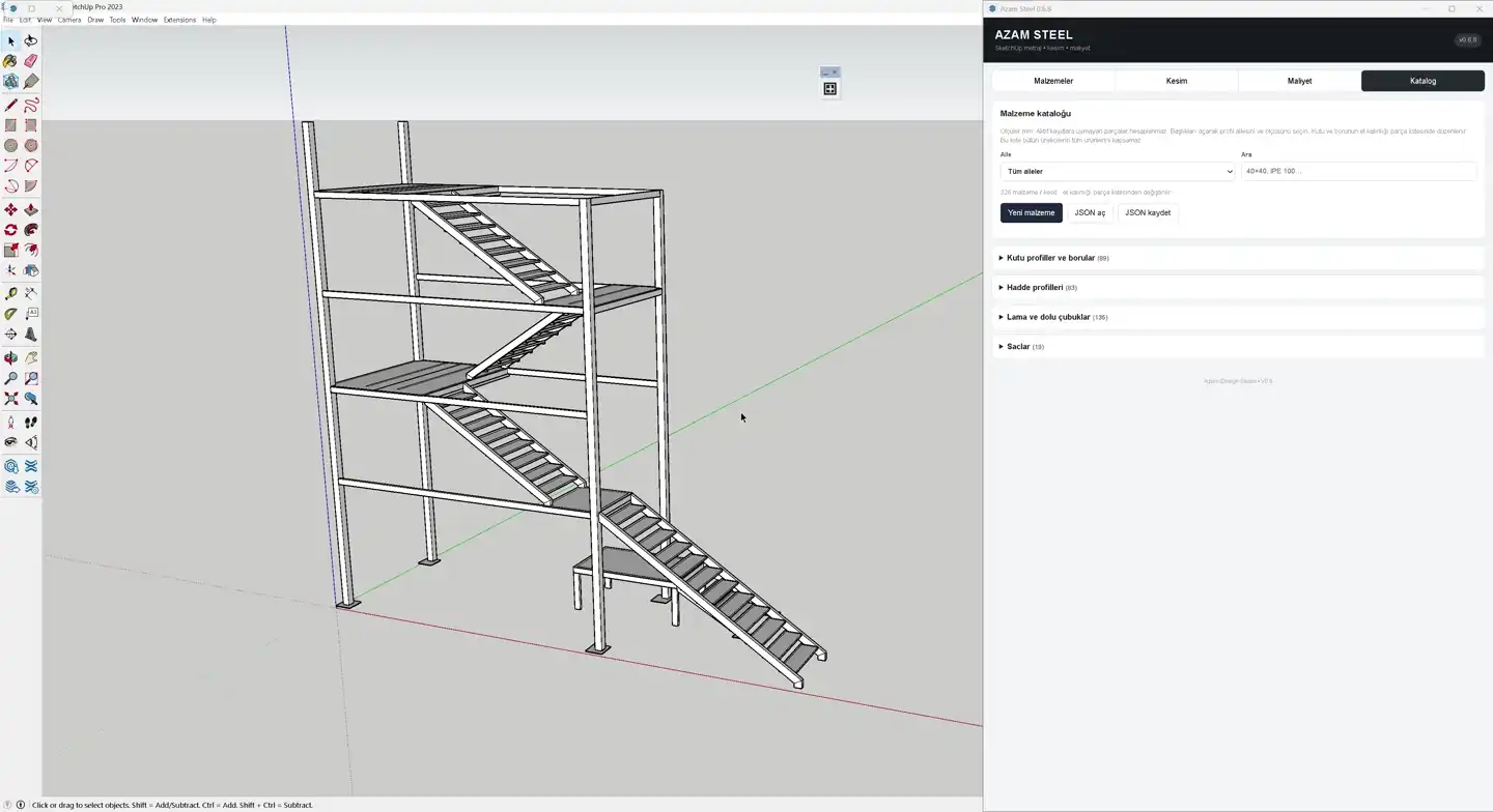 Azam Steel product walkthrough, showing real SketchUp screens from model analysis to production data